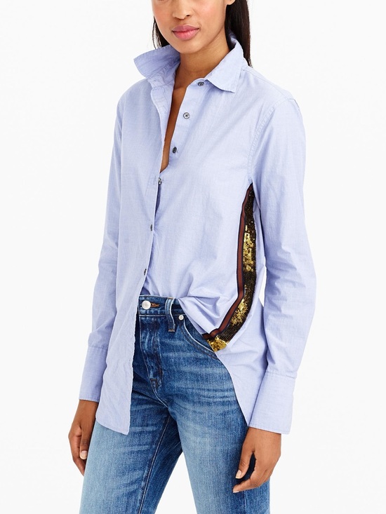 J. Crew Tops - J.Crew Sequin Side Stripe Boyfriend Button-Up Shirt Blue Gold Cotton Oversized 8